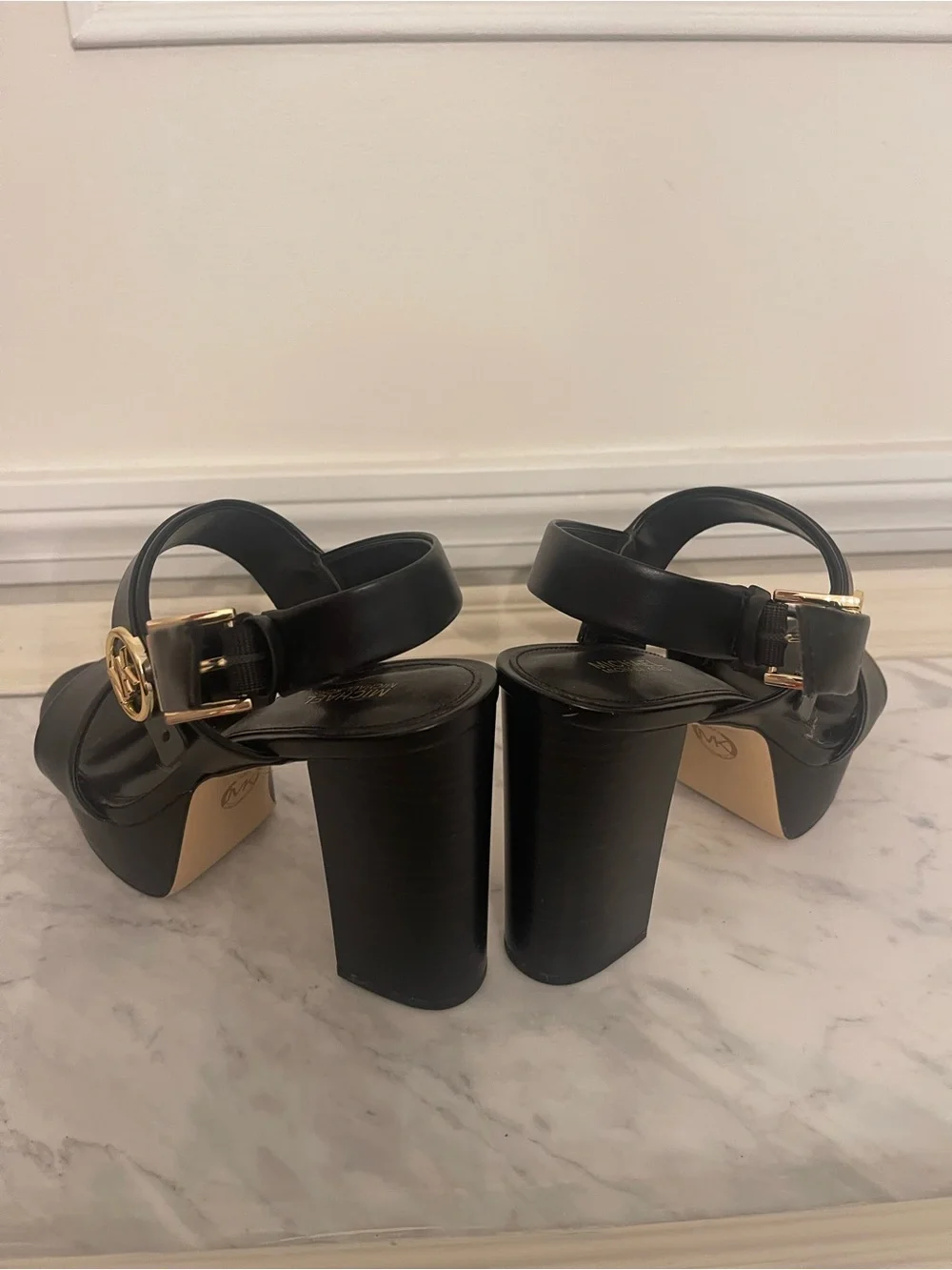 Michael Kors Black Platform Block Heel Sandals with Gold MK Accent